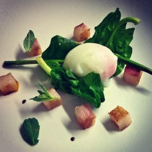 Egg, bacon, spinach, black garlic