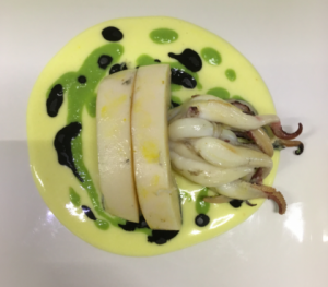 Cuttlefish cooked at low temperature with potatoes and peas